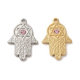 304 Stainless Steel Pendants, with Light Rose Rhinestone, Hamsa Hand with Star of David Charms