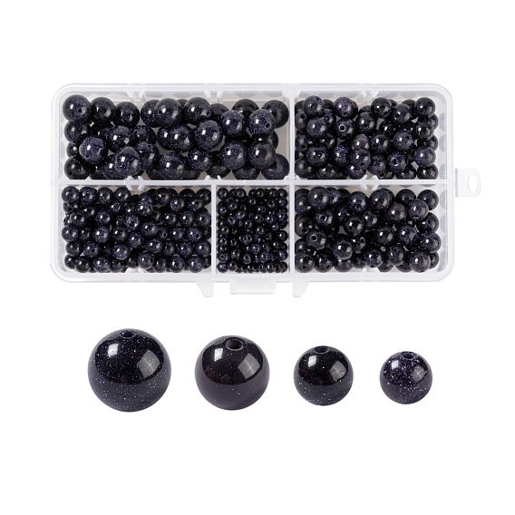 340Pcs 4 Sizes Synthetic Blue Goldstone Beads Strands, Round