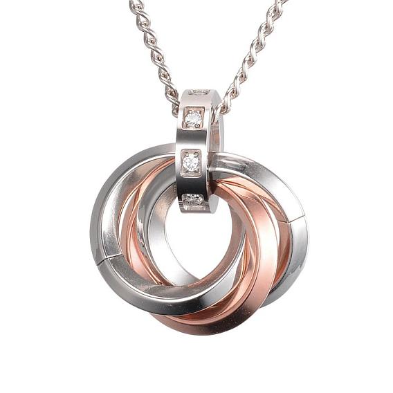 304 Stainless Steel Interlocking Ring Pendants, with Cubic Zirconia