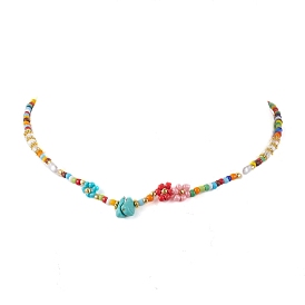 Flower Imitation Pearl Glass Seed & Acrylic Beaded Necklaces