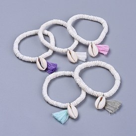 Cotton Thread Tassels Charm Bracelets, with Shell Beads and Cowrie Shell Beads, with Burlap Paking Pouches Drawstring Bags