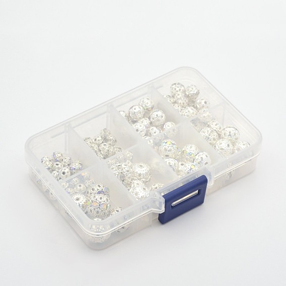 Grade A laiton perles strass, ronde, couleur argentée couleur métal plaqué, mixedstyle, 6~12mm, trou: 1 mm, environ 110 / boîte