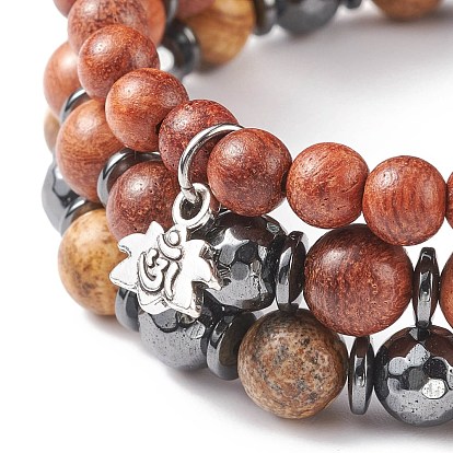 3Pcs 3 Style Natural Picture Jasper & Wood & Synthetic Hematite Stretch Bracelets Set with Alloy Lotus Charm, Gemstone Jewelry for Women