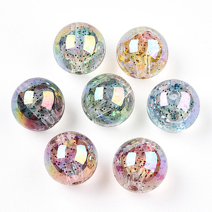 UV Plating Rainbow Iridescent Acrylic Beads, Bead in Bead with Glitter Powder, Round