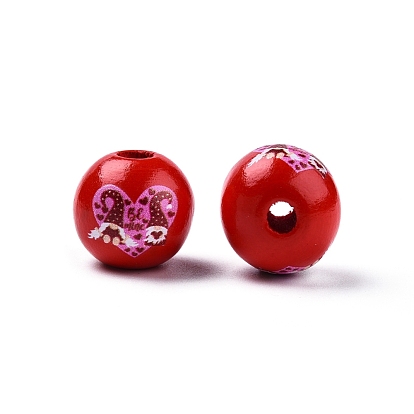 Perles en bois imprimées sur le thème de la saint valentin, rond avec motif coeur/ours/fleur/voiture/nain