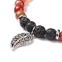 Natural Dragon Veins Agate & Lava Rock Stretch Bracelet with Alloy Leaf Charm, Gemstone Jewelry for Women