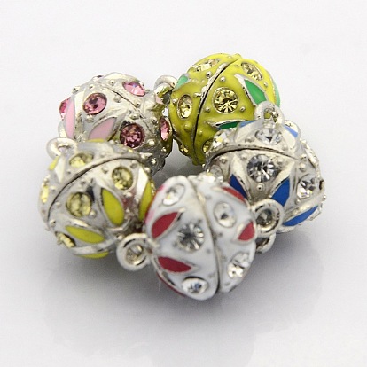 Platinum Plated Round Alloy Enamel Magnetic Clasps with Loops, with Grade A Rhinestone, 18.5x13mm, Hole: 2mm