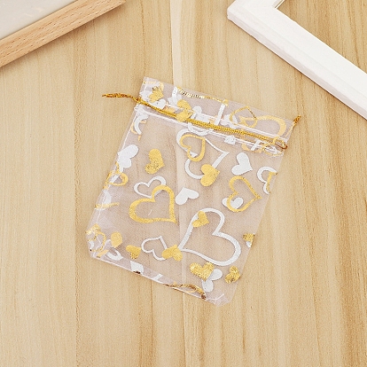 Rectangle Organza Drawstring Gift Bags, Hot Stamping Pouches for Wedding Party Gift Storage