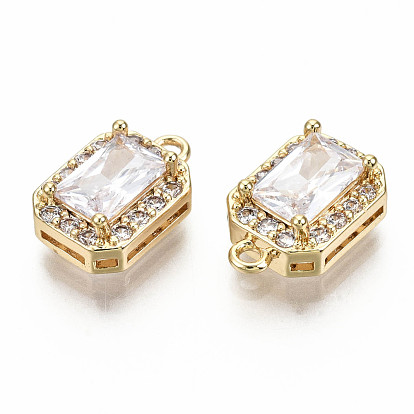 Brass Micro Pave Clear Cubic Zirconia Charms, Nickel Free, Rounded Rectangle
