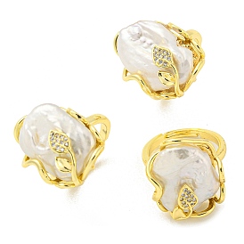 Pepitas de perlas barrocas naturales con anillo abierto de hoja, anillo de dedo de latón