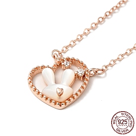 White Shell Rabbit Pendant Necklace with Clear Cubic Zirconia, 925 Sterling Silver Jewelry for Women