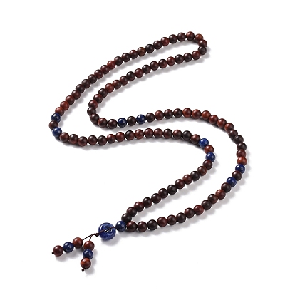 Wood & Lapis Lazuli Beads Necklaces, Natural Sodalite Pendant Necklaces, Mala Prayer Necklaces