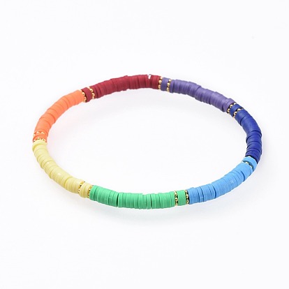 Handmade Polymer Clay Stretch Bracelets, with Alloy Spacer Beads, Flat Round