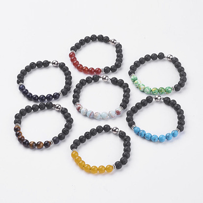 Natural Lava Rock Beads Stretch Bracelets, with Gemstone, Magnetic Clasp and Alloy Findings