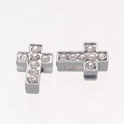 Alloy Cross Slide Charms with Grade A Rhinestones, 13x9x4mm, Hole: 8x2mm