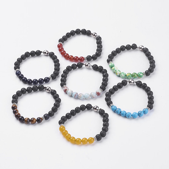 Bracelets extensibles en perles de lave naturelle, avec la pierre gemme, fermoir magnétique et résultats d'alliage