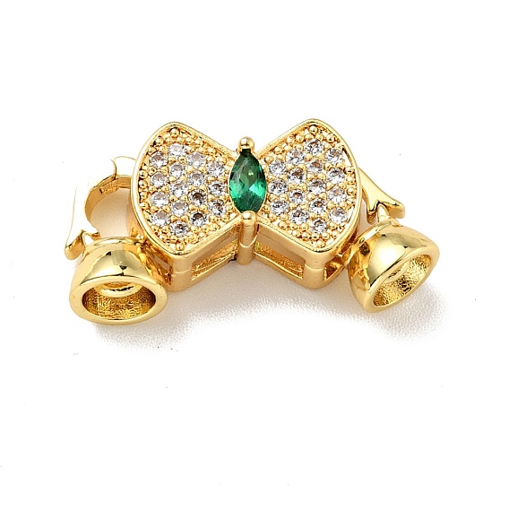 Rack Plating Brass Micro Pave Clear & Green Cubic Zirconia Fold Over Clasps, Cadmium Free & Lead Free, Long-Lasting Plated, Bowknot