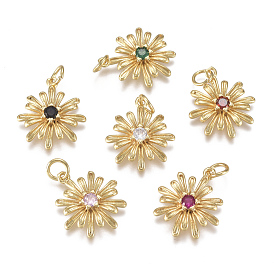 Brass Micro Pave Cubic Zirconia Pendants, with Jump Ring, Long-Lasting Plated, Flower, Real 18K Gold Plated