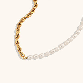 Bracelet chic à chaîne torsadée en perles d'eau douce avec breloque en acier inoxydable - bijoux de mode de luxe