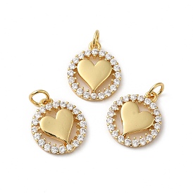 Rack Plating Brass Pave Cubic Zirconia Pendants, Lead Free & Cadmium Free, Real 18K Gold Plated, Long-Lasting Plated, Flat Round with Heart Pattern Charm