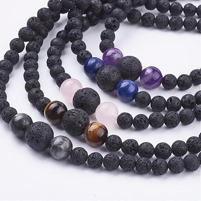 Pierres précieuses naturelles colliers de perles, avec des perles de pierre de lave naturelle et des fermoirs à pince de homard en laiton plaqué platine