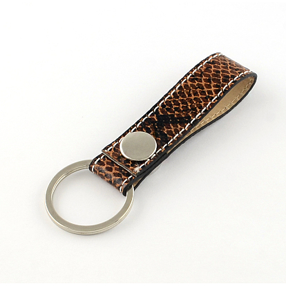 Porte-clés en cuir pu, avec des boutons en laiton et porte-clés de fer, platine, 110x20mm