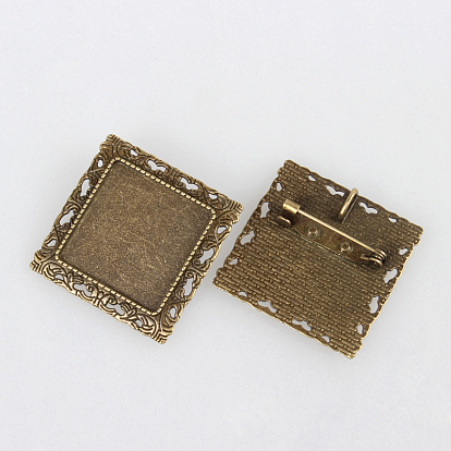 Vintage Alloy Brooch Cabochon Bezel Settings, with Iron Pin Brooch Back Bar Findings, Square, Cadmium Free & Nickel Free & Lead Free