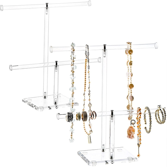 2 estante de exhibición de joyería de acrílico con barra en T, puesto de joyería, para colgar collares pendientes pulseras