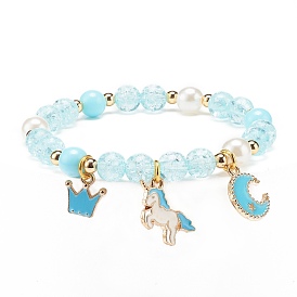Acrylic Imitation Pearl Stretch Bracelet, Alloy Enamel Unicorn Crown Moon Charms Bracelet for Women