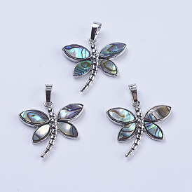 Abalone Shell/Paua Shell Pendants, with Platinum Tone Brass Bail, Dragonfly