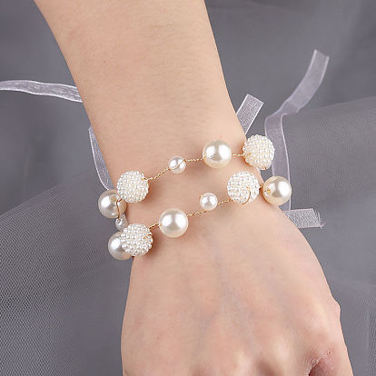 Silk Cloth Wrist Corsage, with Plastic Pearl Beads, for Bride or Bridesmaid, Wedding, Party Decorations, White