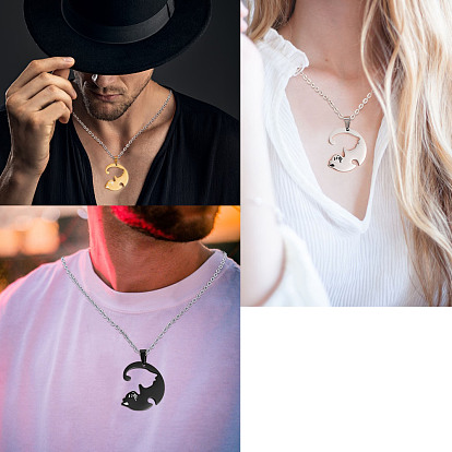 Two Tone Flat Round Puzzle Matching Necklaces Set, Cat Yin Yang Pendant Necklaces, Love Magnetic 316L Surgical Stainless Steel Necklaces for Women Men Lovers Gift