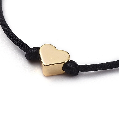Adjustable Nylon Thread Braided Bead Bracelets, with Brass Beads, Love Heart for Women