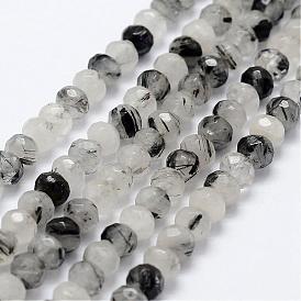 Negras hebras de perlas de cuarzo rutilado naturales, Rondana plana, facetados