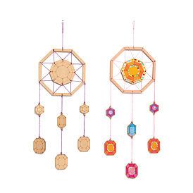 DIY Octagon Wind Chime Making Kit, Including 1Pc Wood Plates, 1 Card Cotton Thread and 1Pc Plastic Knitting Needles, for Children Painting Craft