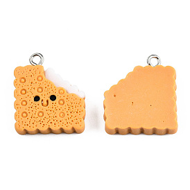 Opaque Resin Pendants, with Platinum Plated Iron Loops, Imitation Food, Cookie Charm with Smiling Face Pattern