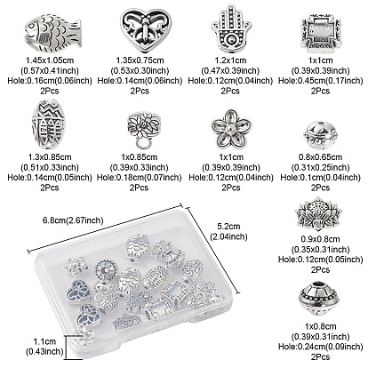 Kit de recherche de fabrication de bijoux de bricolage, y compris 20 pcs 10 style bicône & lotus & poisson & papillon & hamsa perles en alliage à la main & perles européennes & bélières en tube