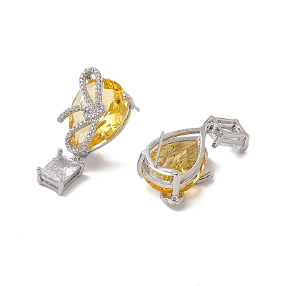Cubic Zirconia Bowknot with Glass Teardrop Dangle Stud Earrings, Rack Plating Brass Jewelry for Women, Cadmium Free & Nickel Free & Lead Free