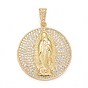 Rack Plating Brass Micro Pave Clear Cubic Zirconia Pendants, Cadmium Free & Nickel Free & Lead Free, Long-Lasting Plated, Religion, Flat Round with Virgin Mary Pattern