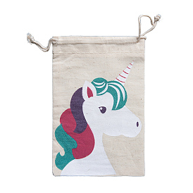 Bolsas de almacenamiento de lino con estampado de unicornio, bolsa de embalaje de bolsas con cordón, Rectángulo