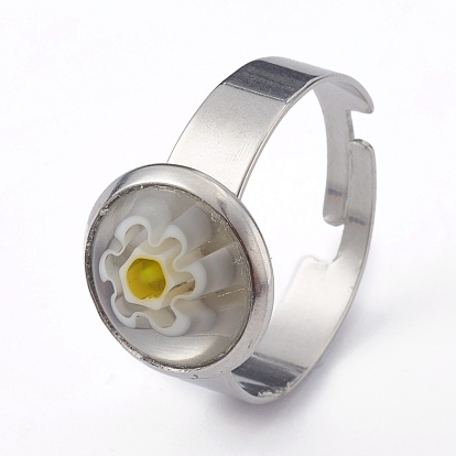 Anillos de dedo de cristal millefiori ajustables hechos a mano, con 304 fornituras de acero inoxidable, flor