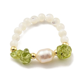 Natural Peridot Finger Ring, with Brass and Shell, for Women