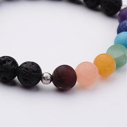 Bracelets extensibles à perles de lave naturelle, avec des perles de pierres précieuses naturelles et perles en laiton de platine