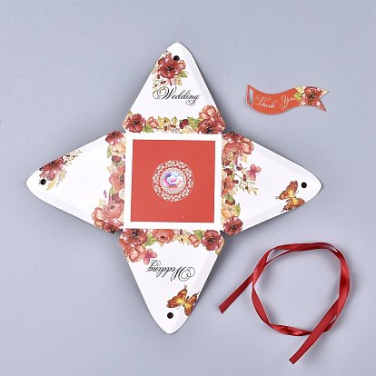 Caja de embalaje de dulces en forma de pirámide, caja de regalo de banquete de boda feliz día, con cinta y cartulina, flor / patrón de cielo estrellado