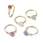 Natural Mixed Gemstone Round Braided Bead Style Finger Rings, Golden Brass Finger Ring