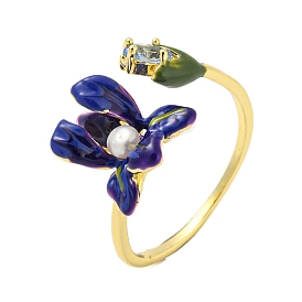 Flower Brass Enamel Open Cuff Rings, Natural Pearl & Glass Finger Ring