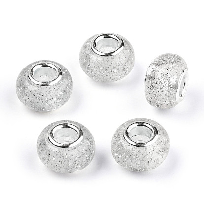 Epoxy Resin European Beads, Large Hole Beads, with Glitter Powder and Platinum Tone Brass Double Cores, Rondelle