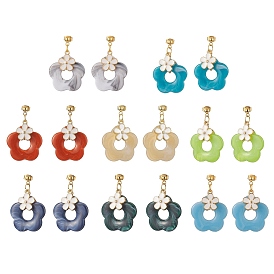 8 Pair 8 Color Alloy Enamel with Acrylic Imitation Gemstone Flower Dangle Stud Earrings, 304 Stainless Steel Jewelry for Women