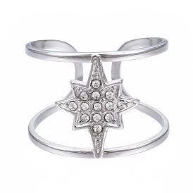 304 anneau de manchette ouvert étoile en acier inoxydable avec strass, anneau épais creux pour les femmes