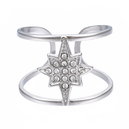 304 anillo de puño abierto de estrella de acero inoxidable con diamantes de imitación, anillo grueso hueco para mujer